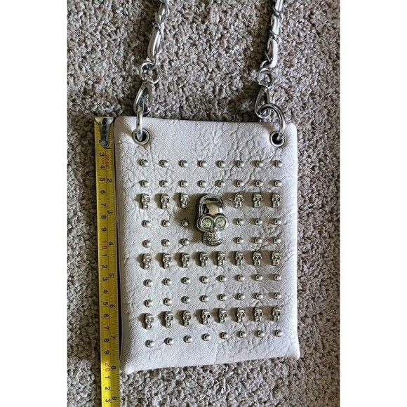 Skull Head Crossbody Bag Bling Rhinestone Shoulder Sling Pouch Beige Chain Strap - Picture 3 of 7
